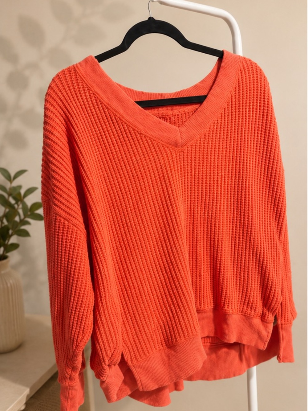 American Eagle Outfitters Coral Orange Waffle Knit V-Neck Sweater